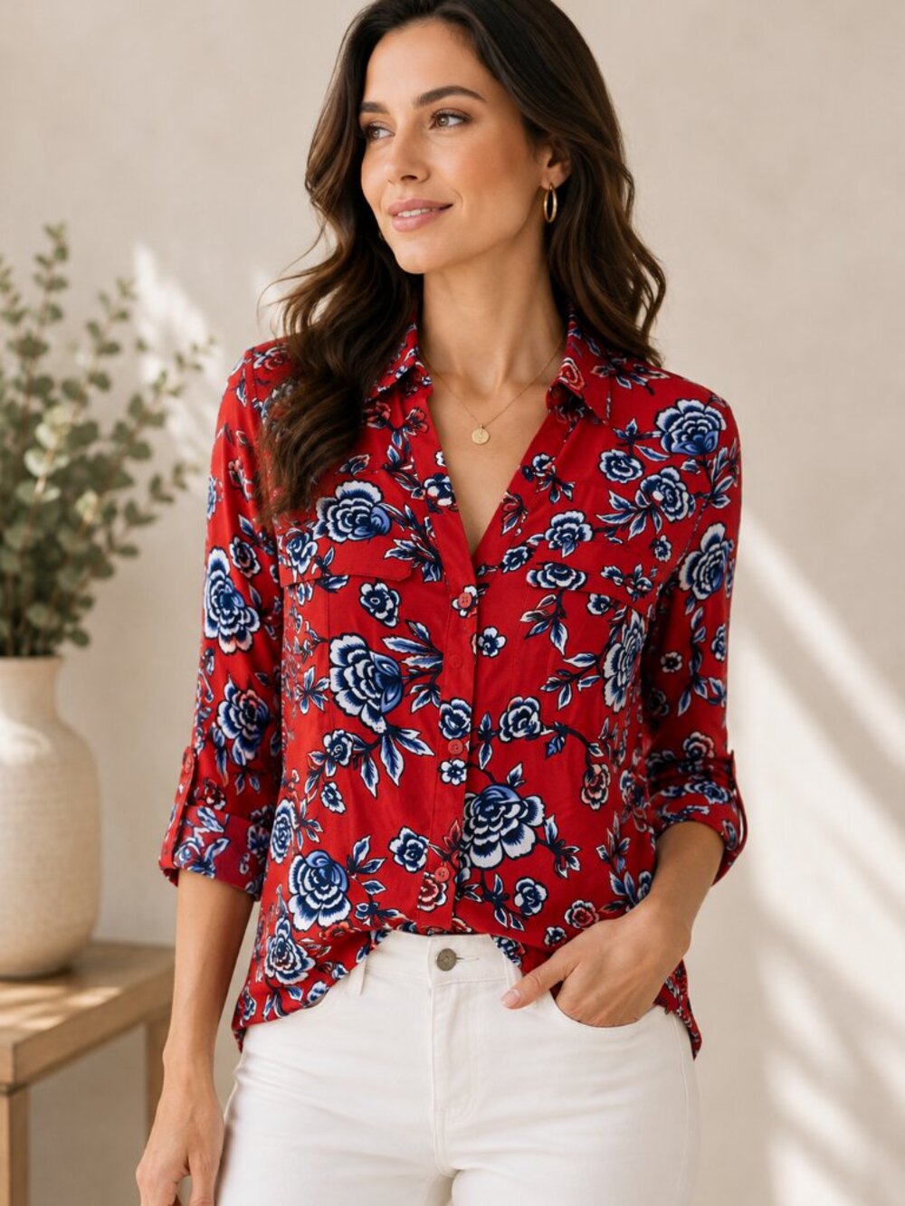 Express Portofino Slim Fit Floral Button Up Shirt Red Blue XS